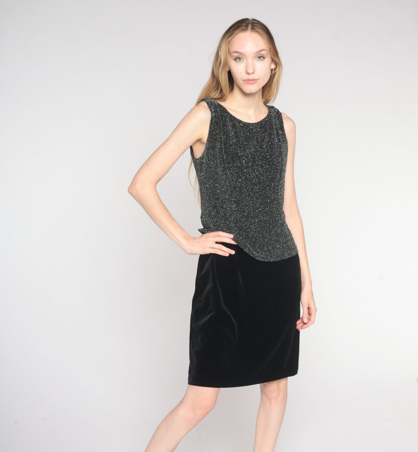 Y2K Metallic Silver Black Mini Shift Dress Sleeveless 00s Cocktail Medium 8