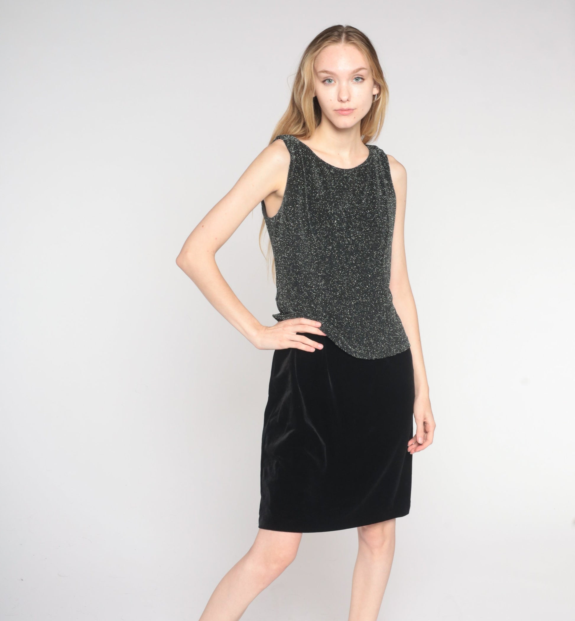 Y2K Metallic Silver Black Mini Shift Dress Sleeveless 00s Cocktail Medium 8
