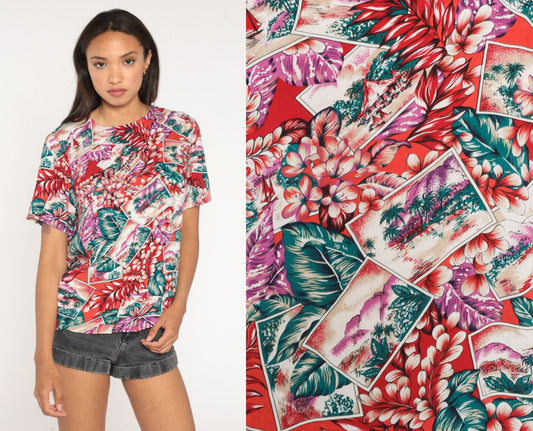80s Hawaiian Tropical Island Shirt Red Floral Aloha Blouse Small