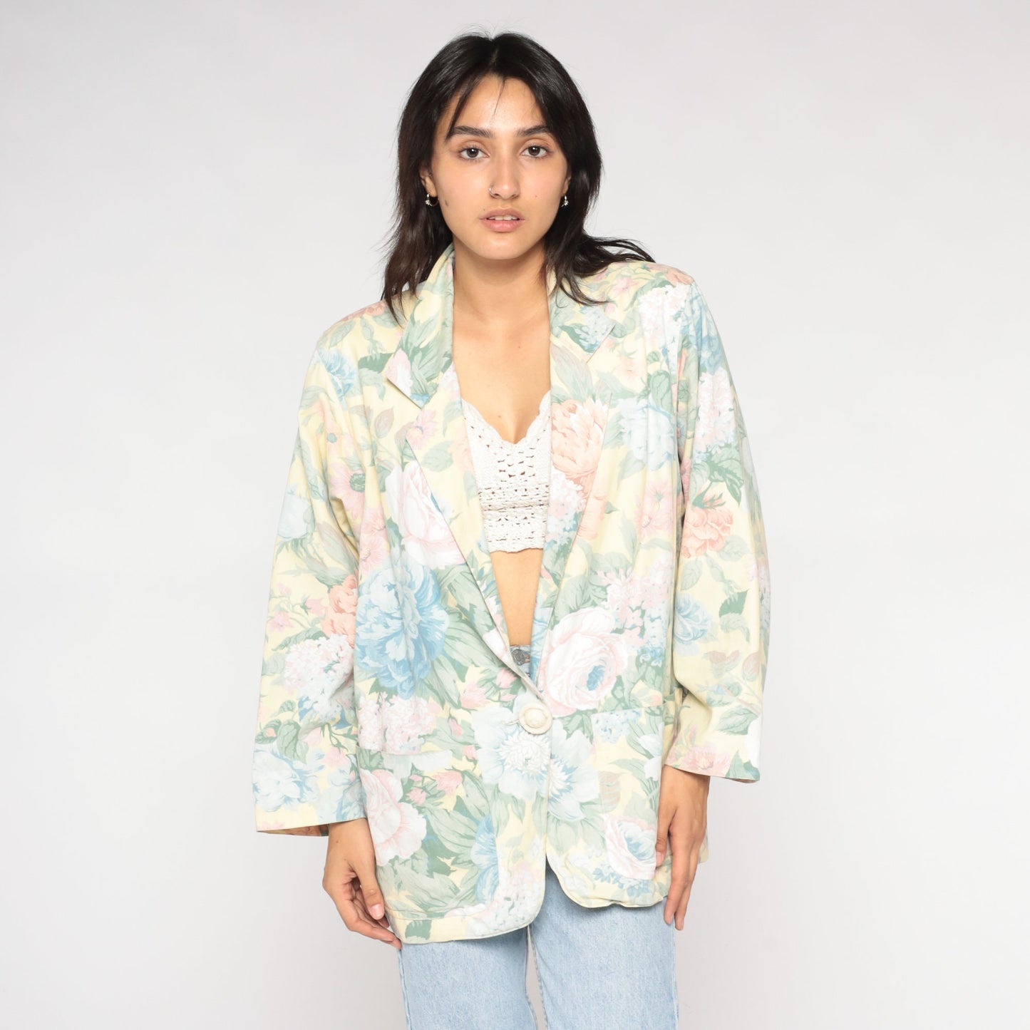 90s Floral Blazer Yellow Pastel Flower Print Single Button Jacket Large