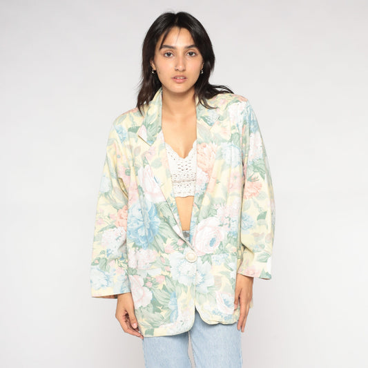 90s Floral Blazer Yellow Pastel Flower Print Single Button Jacket Large