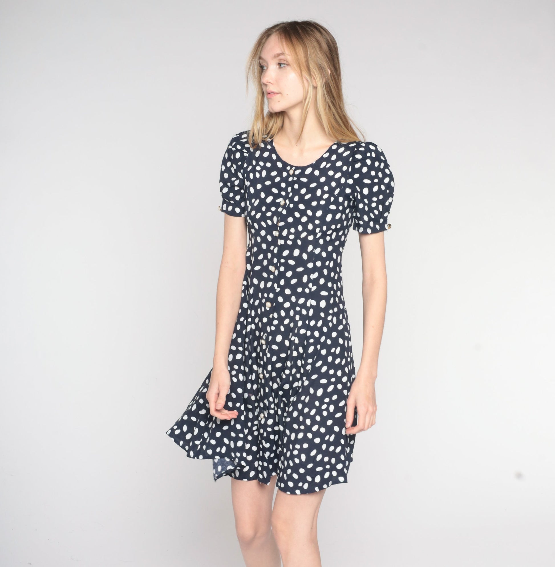 90s Navy Polka Dot Puff Sleeve Mini Dress Button Up – Shopexile