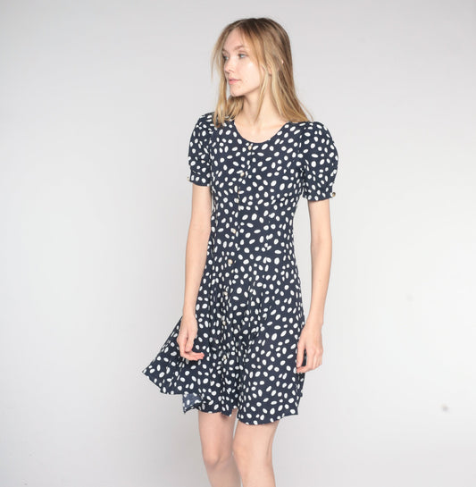 90s Navy Polka Dot Puff Sleeve Mini Dress Button Up Rayon Extra Small