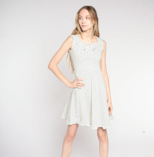 Y2K Polka Dot Mini Dress White Black Sweetheart Neckline Fit Flare Small S