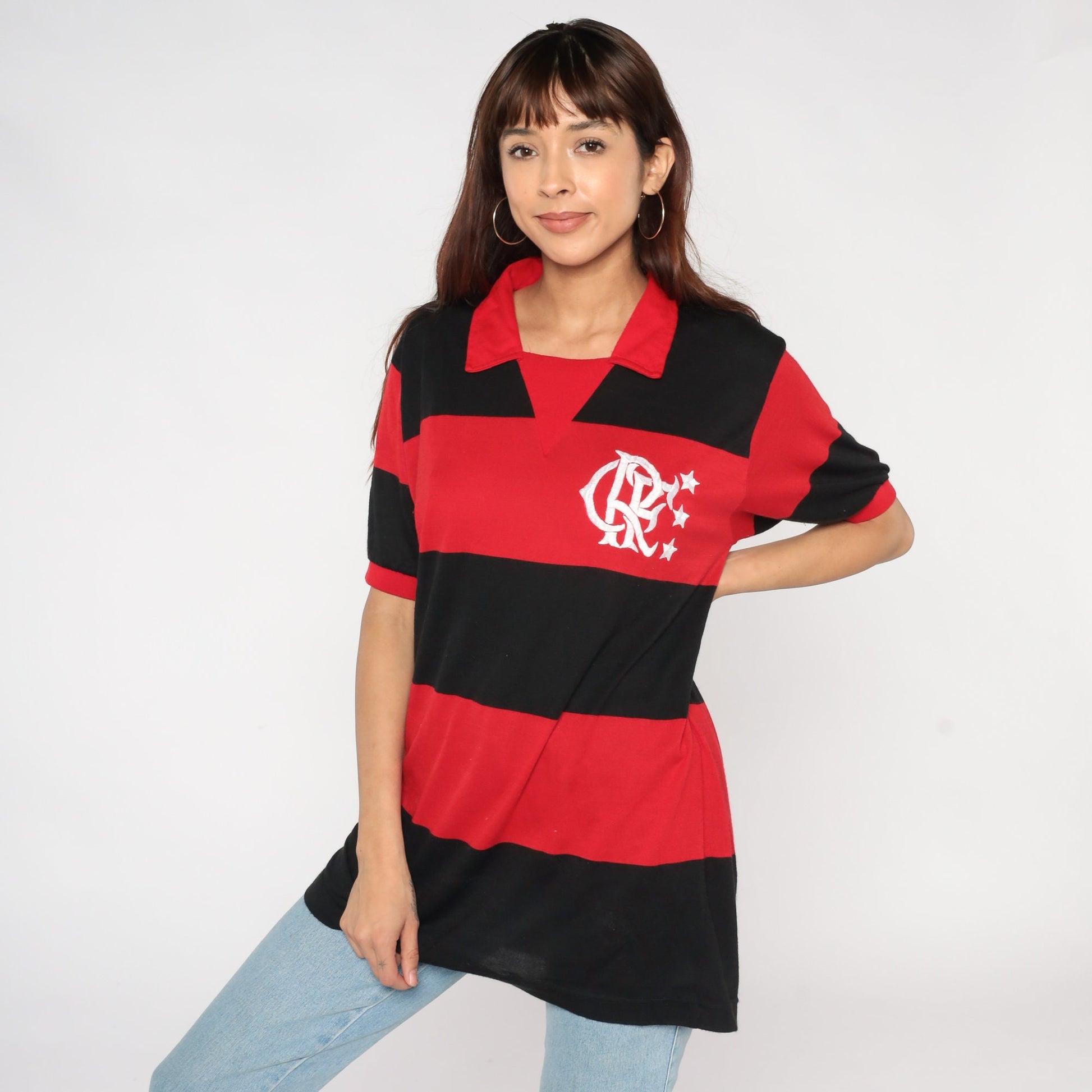 80s Clube de Regatas do Flamengo Polo Shirt Red Black Striped Medium M