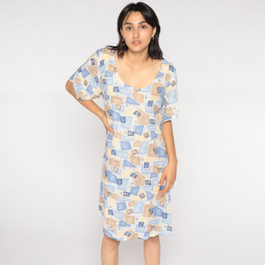 90s Checkered Floral Mini Dress Blue Tan Shift Short Sleeve Extra Large XXL