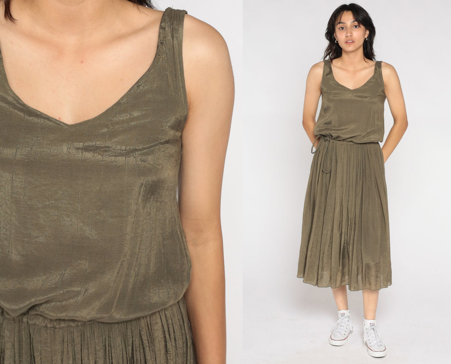 Y2K Metallic Bronze Midi Dress Sleeveless Pleated High Waist Small S