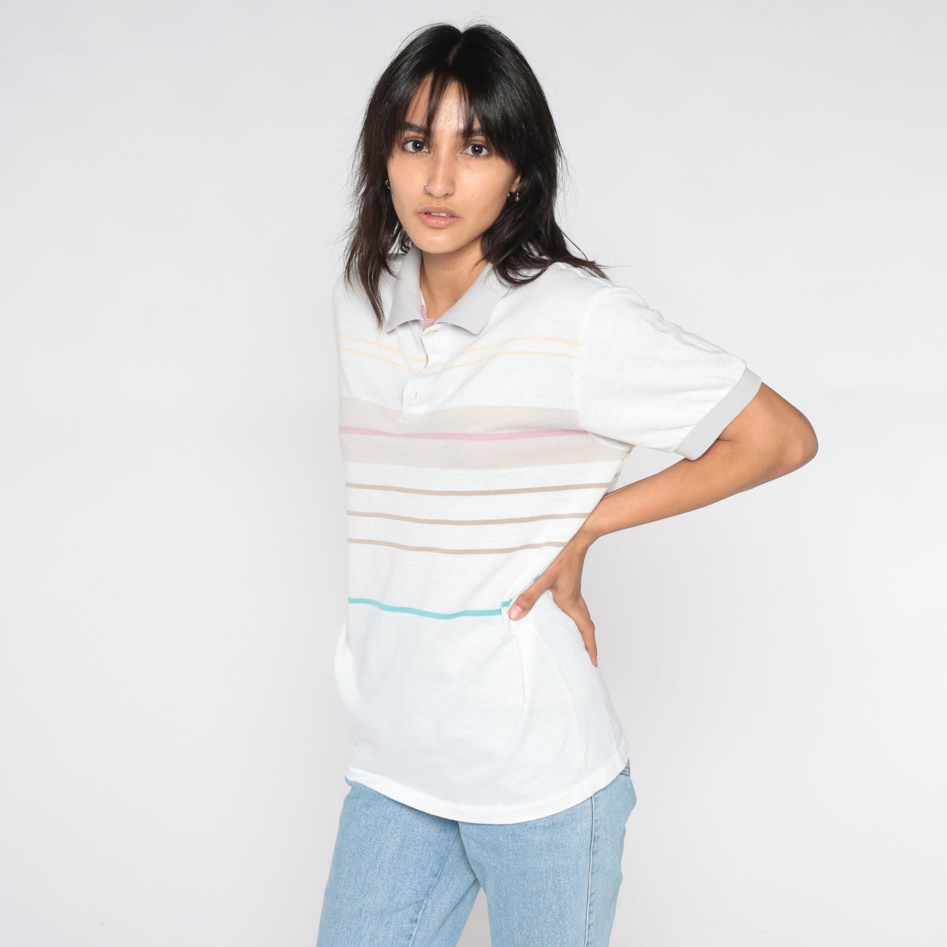 80s Striped Polo Shirt White Multicolor Collared Short Sleeve Medium Large