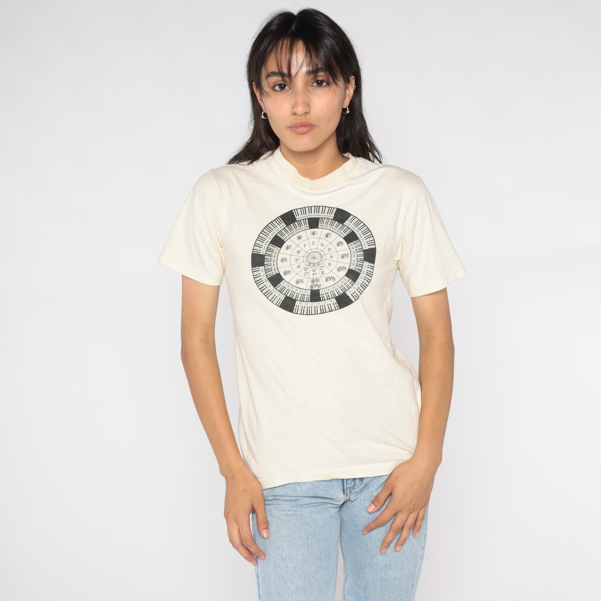 90s Circle of Fifths Music Theory Graphic T-Shirt Cream Cotton Small S