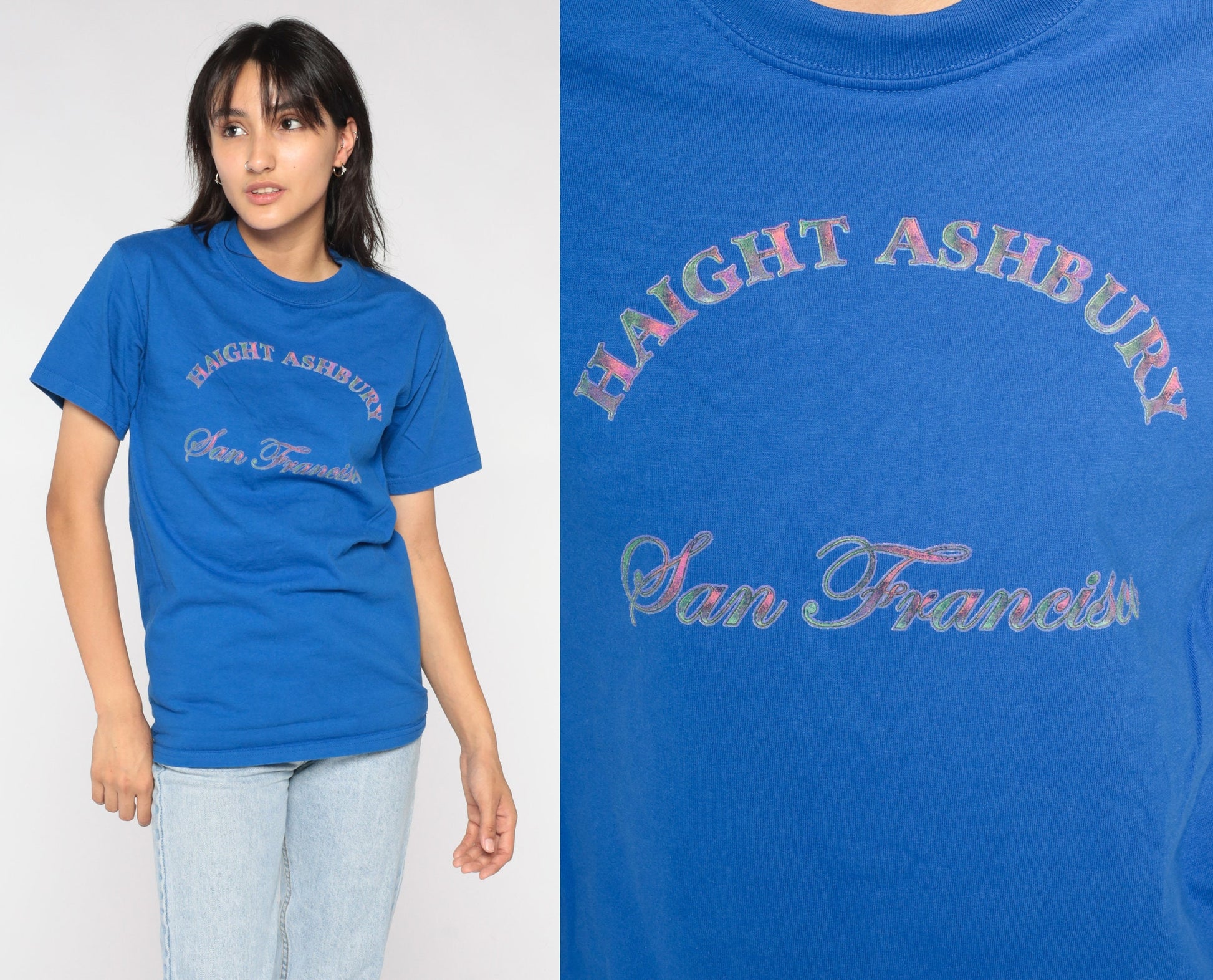 90s Haight Ashbury San Francisco Graphic T-Shirt Blue Cotton Small