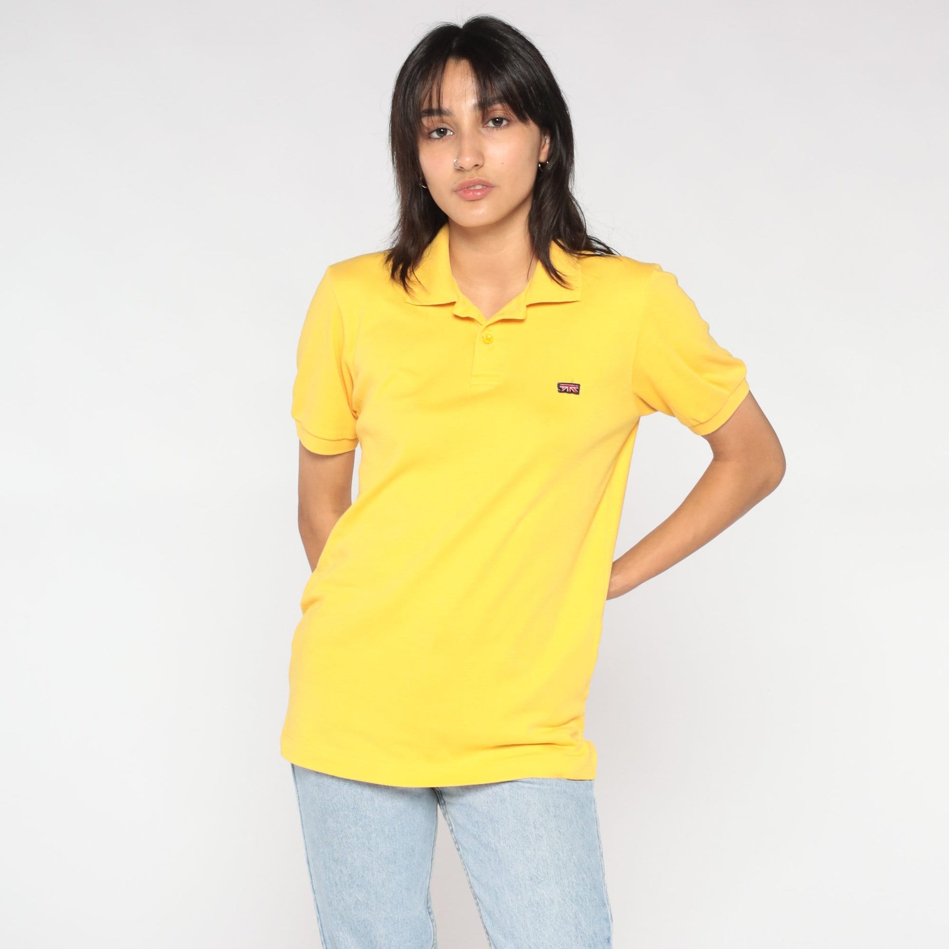 80s Britannia Polo Shirt Yellow Collared Short Sleeve Men's Small