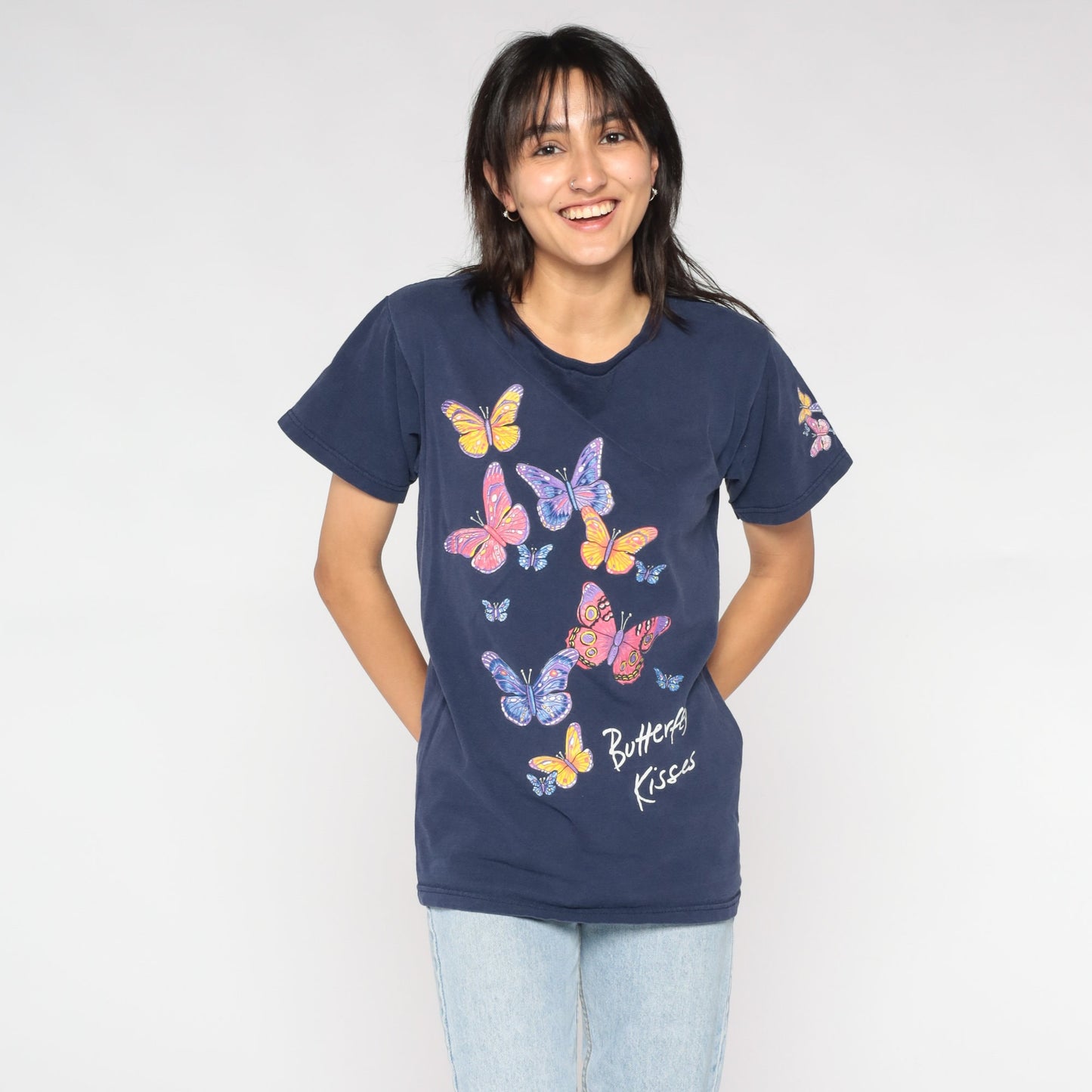 90s Butterfly Kisses Graphic T-Shirt Blue Nature Print Small S