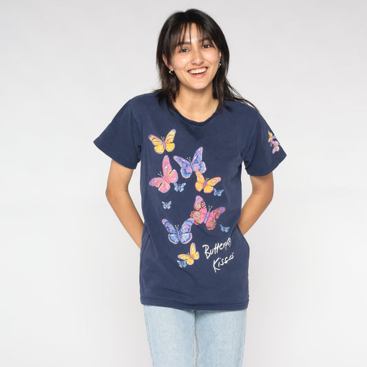 90s Butterfly Kisses Graphic T-Shirt Blue Nature Print Small S