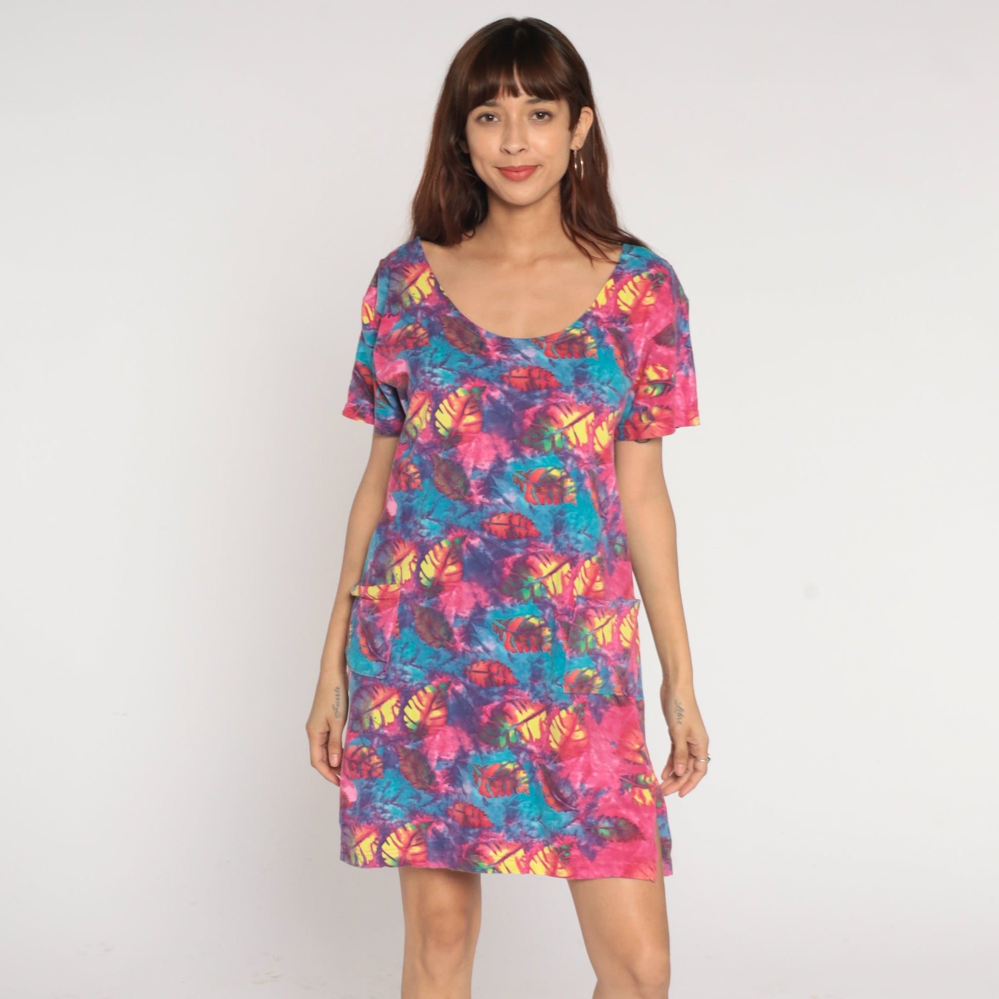Y2K Tie Dye Leaf Print T-Shirt Dress Pink Blue Mini Short Sleeve Medium M