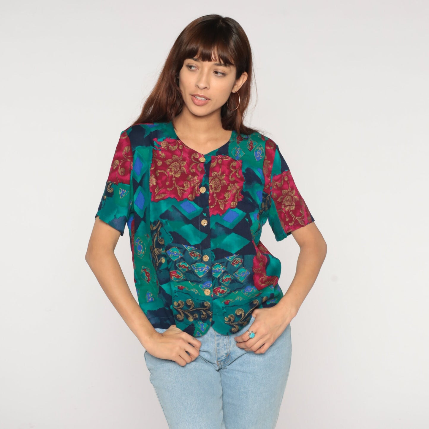 90s Fritzie Abstract Floral Geometric Button-Up Blouse Short Sleeve Small