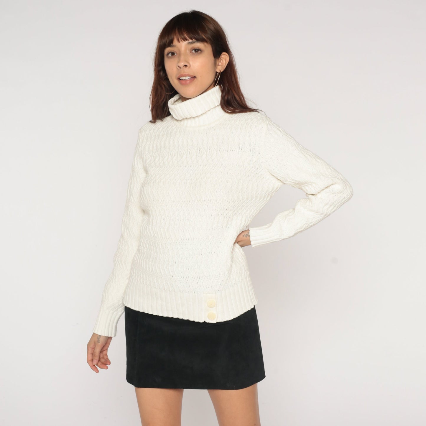90s White Textured Knit Turtleneck Sweater Pullover Medium M