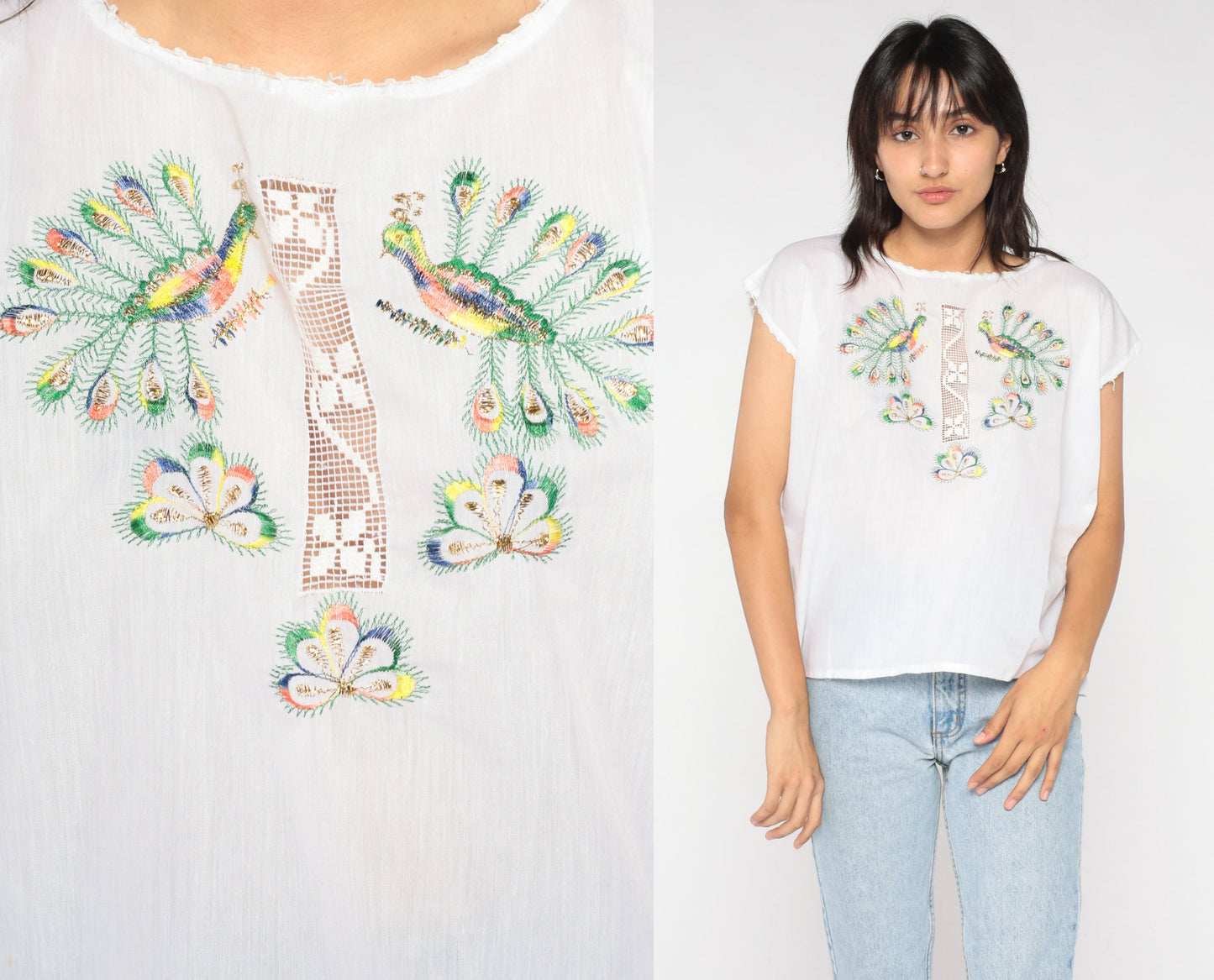 90s White Peacock Embroidered Blouse Metallic Cutout Cap Sleeve Medium