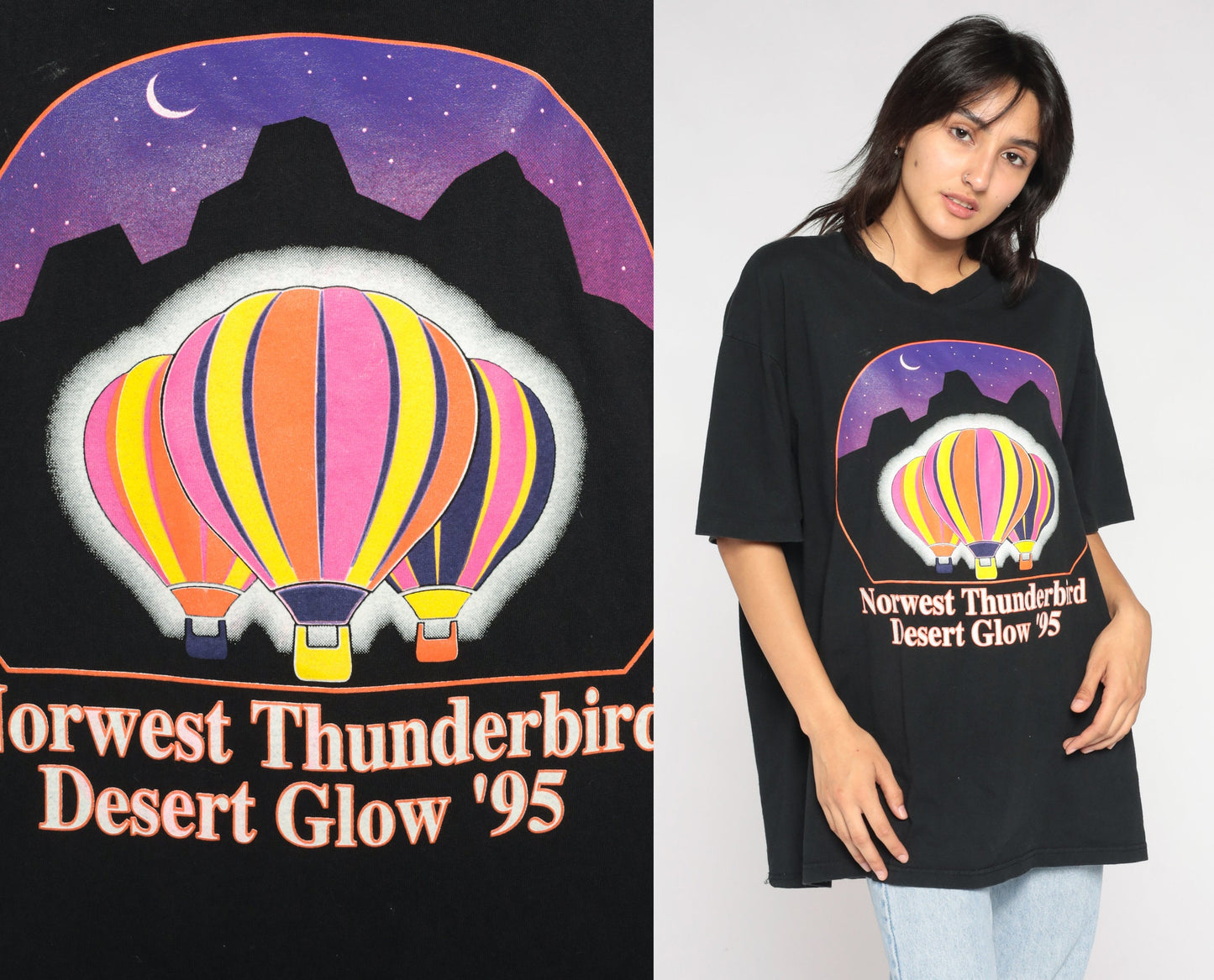 1995 Northwest Thunderbird Desert Glow Hot Air Balloon Graphic Tee Black Large L