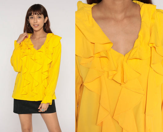 90s Yellow Ruffle Long Sleeve Blouse V Neck Small