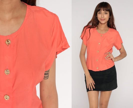 90s Anxiety Peach Button-Up Blouse Short Sleeve Golden Buttons Small S