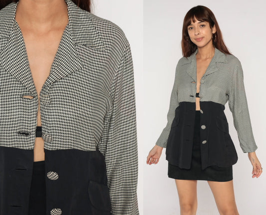 90s Houndstooth Blazer Black White Button-Up Jacket Small S