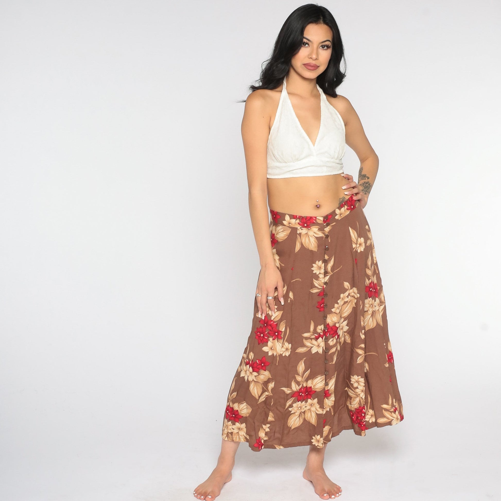 90s Brown Floral Button-Front Maxi Skirt Small Medium