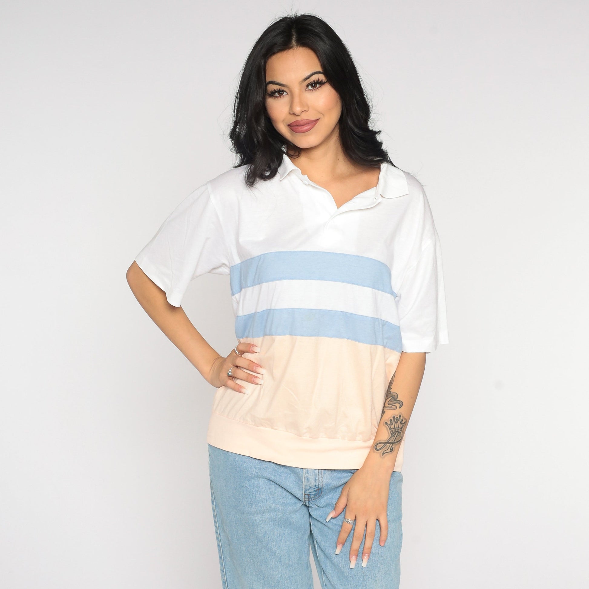 80s Striped Polo Shirt White Peach Blue Color Block Short Sleeve Medium Large