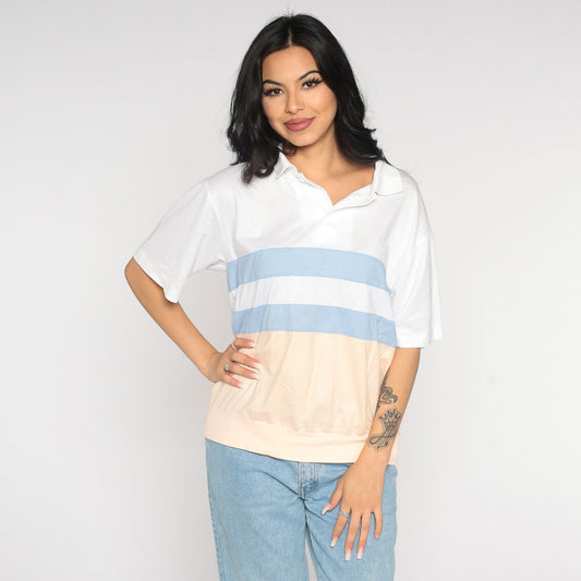 80s Striped Polo Shirt White Peach Blue Color Block Short Sleeve Medium Large