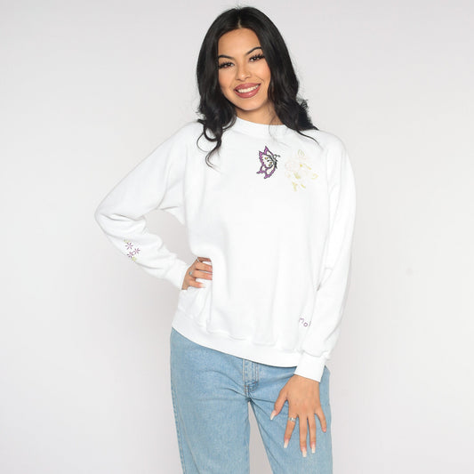 80s Butterfly Embroidered Sweatshirt White Mom Crewneck Large L