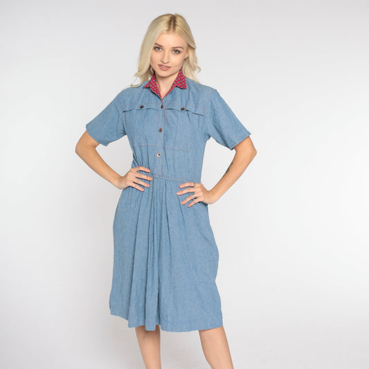 80s Blue Denim Mini Dress Red Collar Button-Up High Waist Small Medium