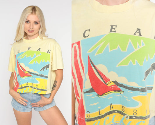90s Ocean Pacific Sailboat Graphic T-Shirt Yellow Cotton Medium