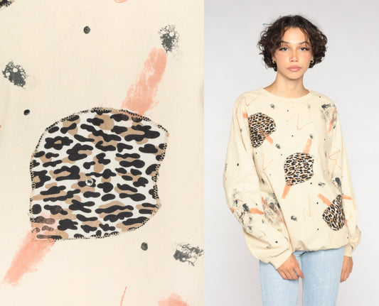 80s Animal Print Abstract Brushstroke Long Sleeve Shirt Cream Cotton Large