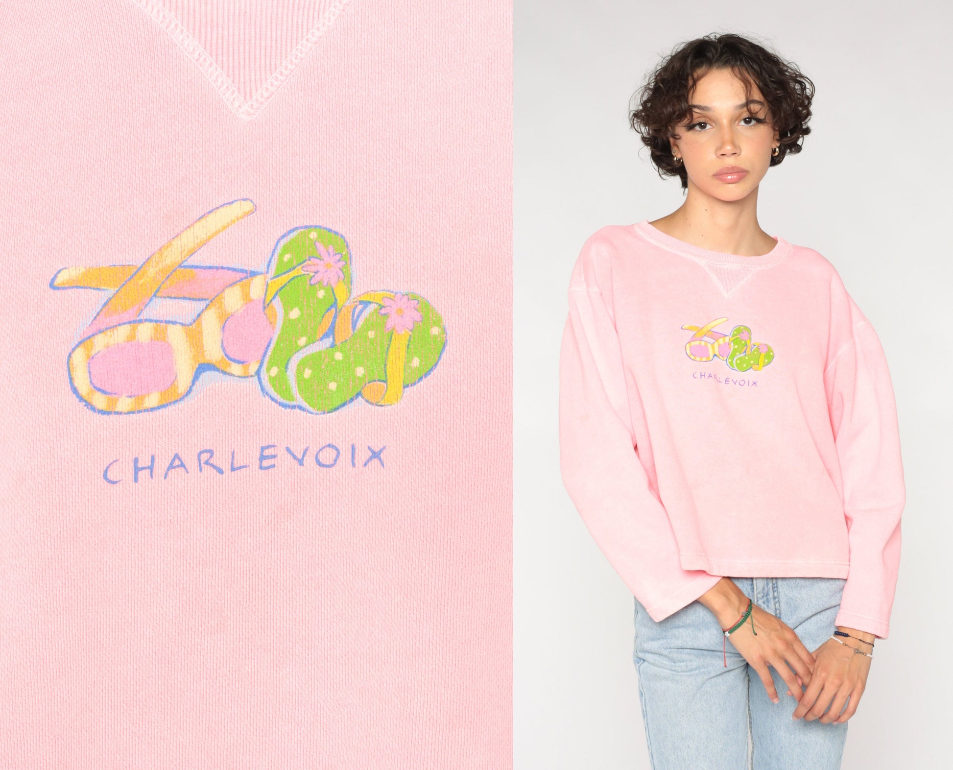90s Charlevoix Michigan Graphic Sweatshirt Hot Pink Crewneck Medium