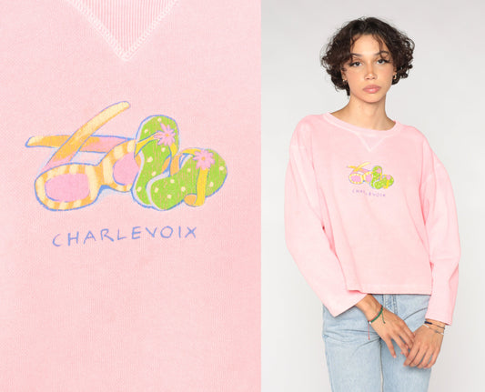 90s Charlevoix Michigan Graphic Sweatshirt Hot Pink Crewneck Medium