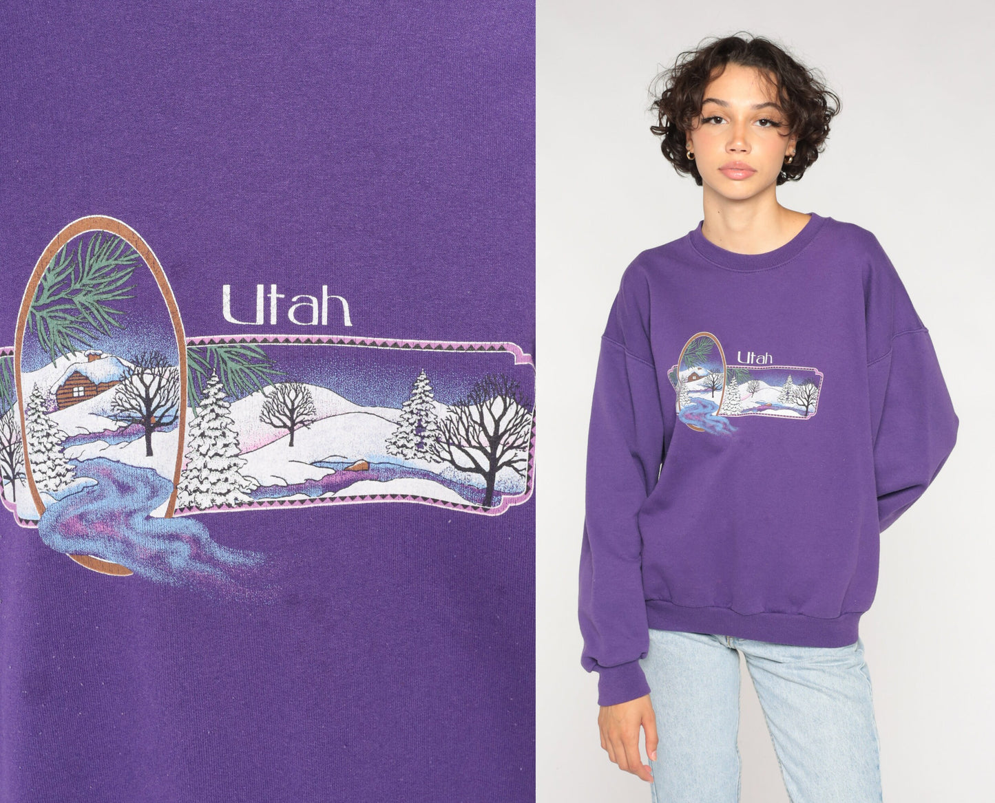 90s Utah Snowy Cabin Graphic Sweatshirt Purple Crewneck Large L