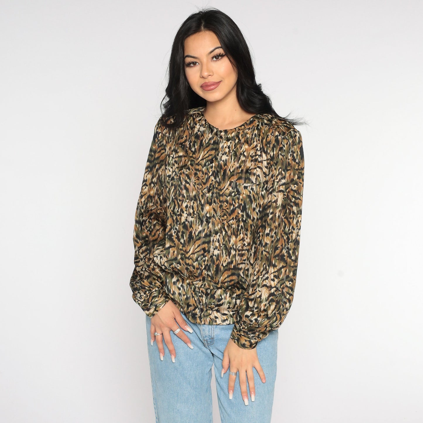 90s Animal Print Button-Up Blouse Tiger Leopard Stripe Long Sleeve Large