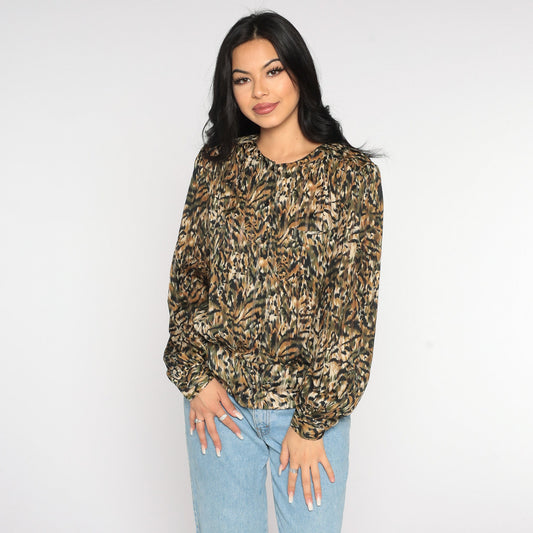 90s Animal Print Button-Up Blouse Tiger Leopard Stripe Long Sleeve Large