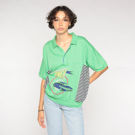 90s Le Tigre Polo Shirt Lime Green Classic Car Diner Graphic Striped Extra Large