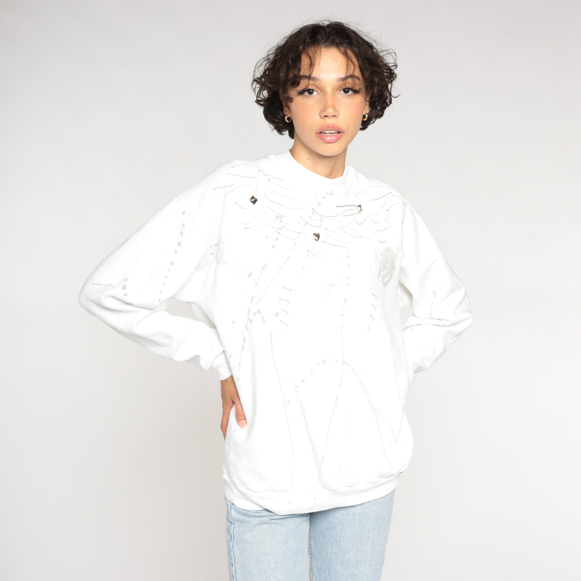 90s Jerzees White Sweatshirt Studded Abstract Painted Design Crewneck Extra Large