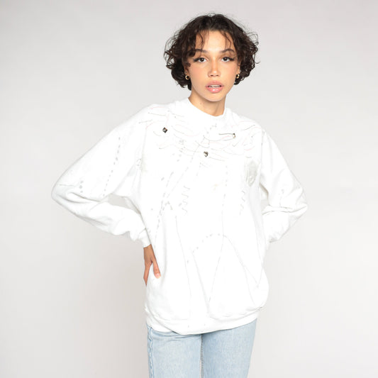 90s Jerzees White Sweatshirt Studded Abstract Painted Design Crewneck Extra Large