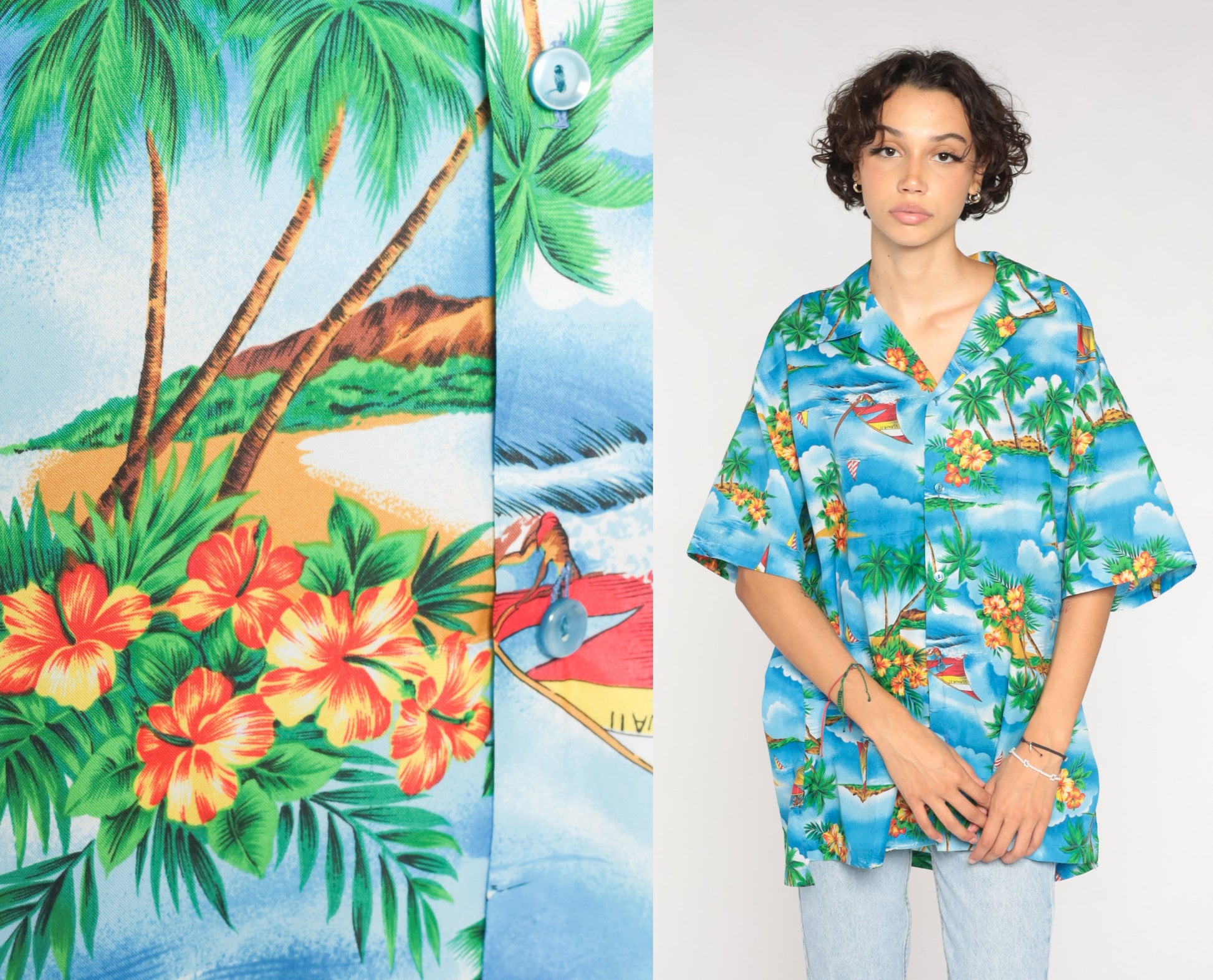 90s Blue Hawaiian Shirt Sailboat Palm Tree Print Button Up Mens XXL
