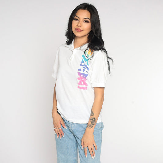 80s White Neon Geometric Polo Shirt Half Button Collared Small