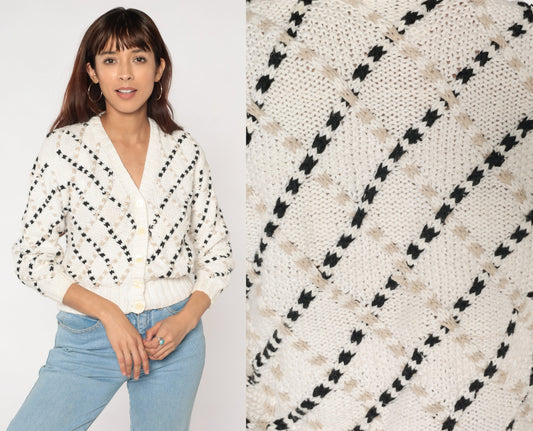80s White Cardigan Sweater Diamond Textured Knit Black Tan Medium M