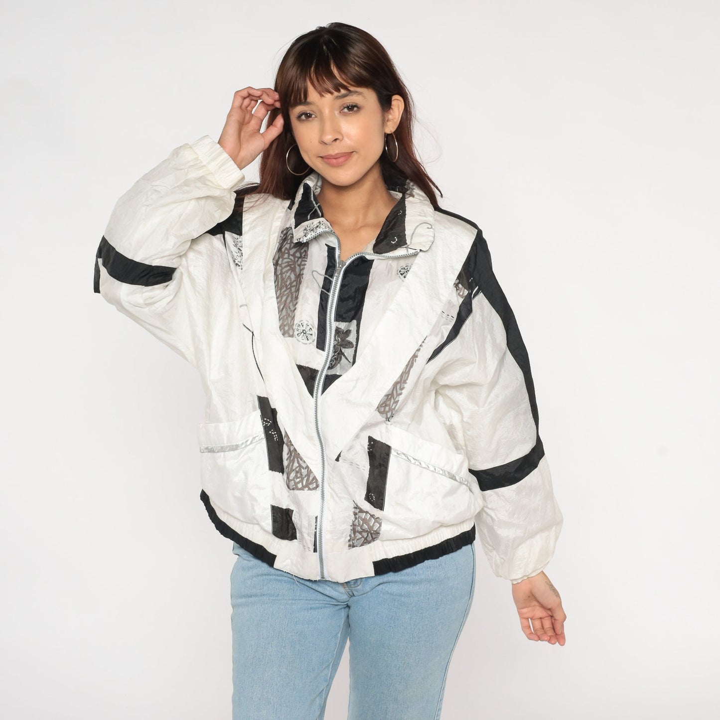 90s Abstract Floral Windbreaker Black White Nylon Zip Jacket Large L
