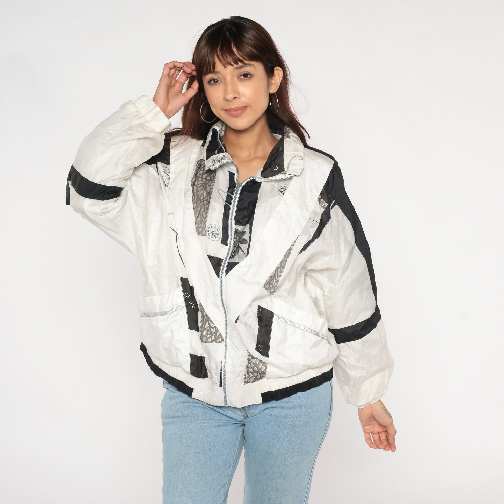 90s Abstract Floral Windbreaker Black White Nylon Zip Jacket Large L