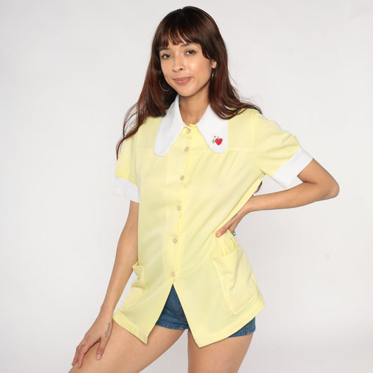 70s Yellow Puff Sleeve Blouse Dog Ear Collar Embroidered Heart Flower Medium
