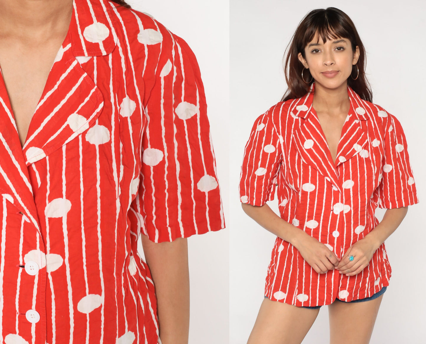 80s Red Striped Polka Dot Cotton Button-Up Blouse Short Sleeve Notched Collar Large L