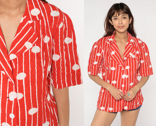 80s Red Striped Polka Dot Cotton Button-Up Blouse Short Sleeve Notched Collar Large L