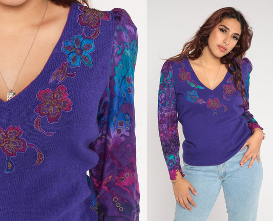 80s Purple Floral Knit Sweater Puff Sleeve V-Neck Appliqué Blouse Small S