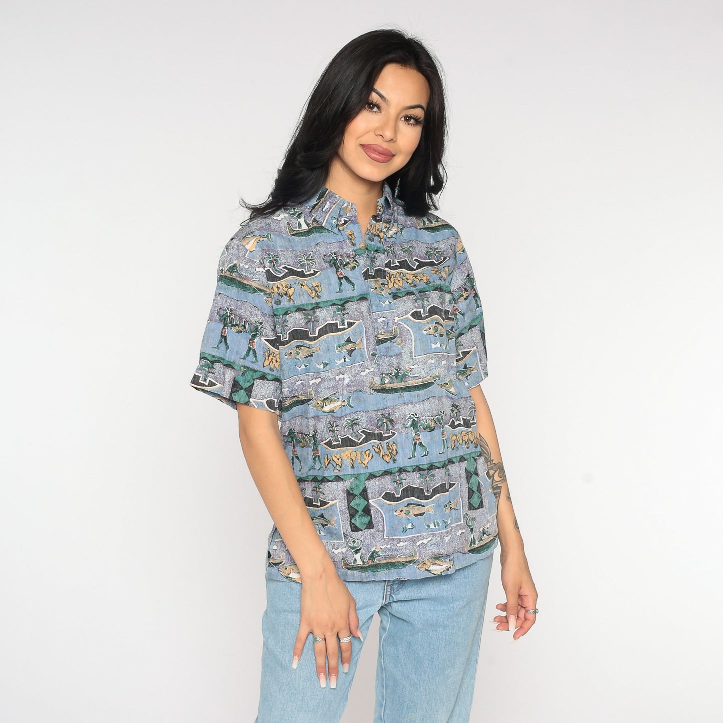 Y2K Tropical Fishing Island Print Button-Up Shirt Purple Blue Cotton Extra Small